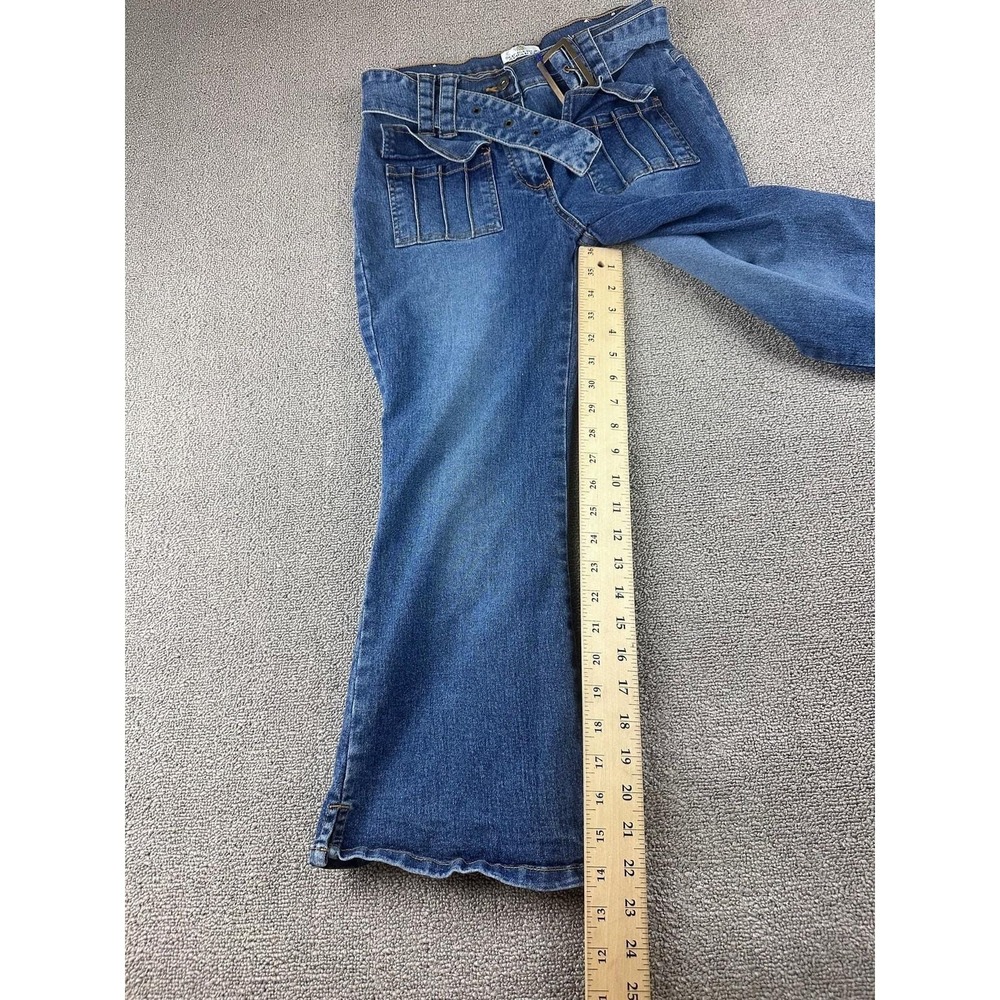 Y2K Sunshine Apparel Jeans Women 9/10 Blue Belted Flare Solid Streetwear Hippie - Picture 5 of 6